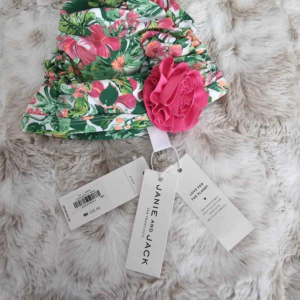 Janie and Jack Green Floral Sun Hat with Pink Flower‎
